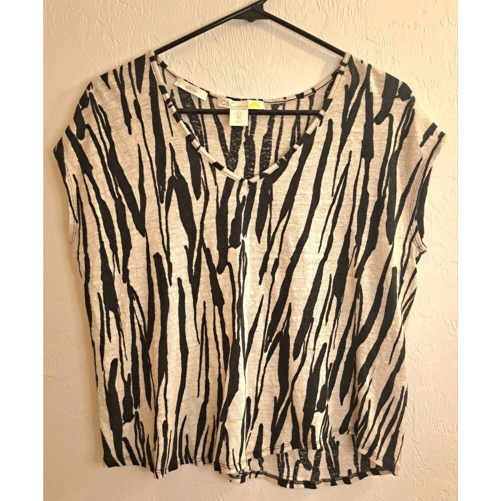 C&C‎ California Zebra Print Blk Beige Linen Sleeveless Top L Summer Lightweight